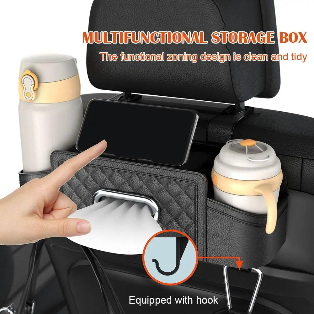 Car Storage Box - Multi-Functional Backseat Organizer with Tissue Box, Cell Phone Holder, and Cup Holder, Custom Fit For Your Cars, Car Accessories - Delicate Leather