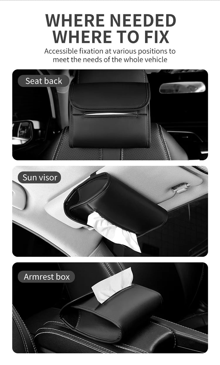 Leather Car Tissue Box Cover for Sun Visor, Seat Back, and Armrest - Suede Texture Tissue Holder for Car Interior - Multi-Position Installation Tissue Storage Case - Available in Red, Brown, and Black - Delicate Leather
