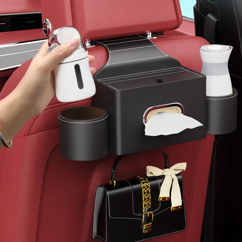Car Seat Back Tissue Box with 2 Cup Holders and Auto Headrest Hook - 3-in-1 Car Backseat Storage Box Organizer - Delicate Leather