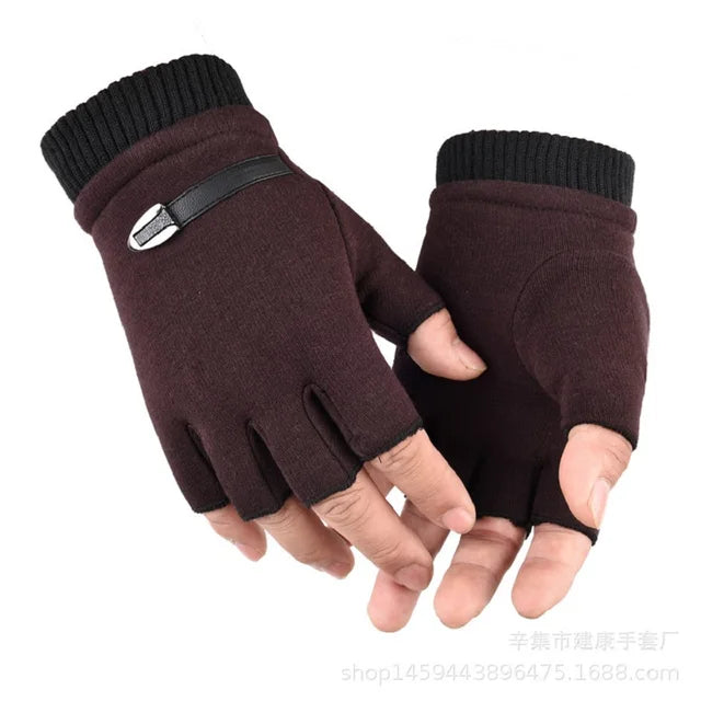 Men’s Driving Half Finger Gloves - Autumn Winter Outdoor Riding Warm Sports Gloves - Delicate Leather