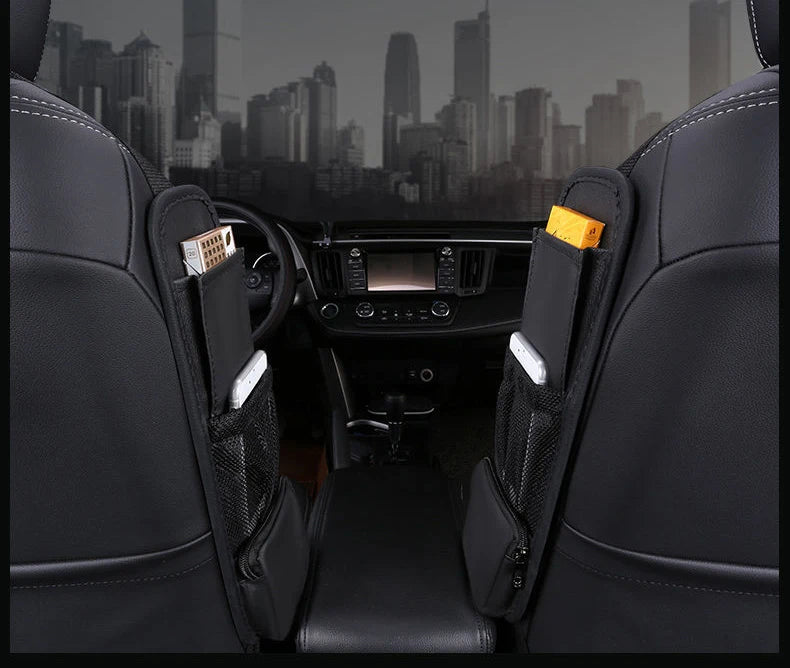 PU Leather Car Seat Side Organizer Bag - Auto Interior Mesh Storage Holder for Cup, Drink, Phone, and More - Delicate Leather