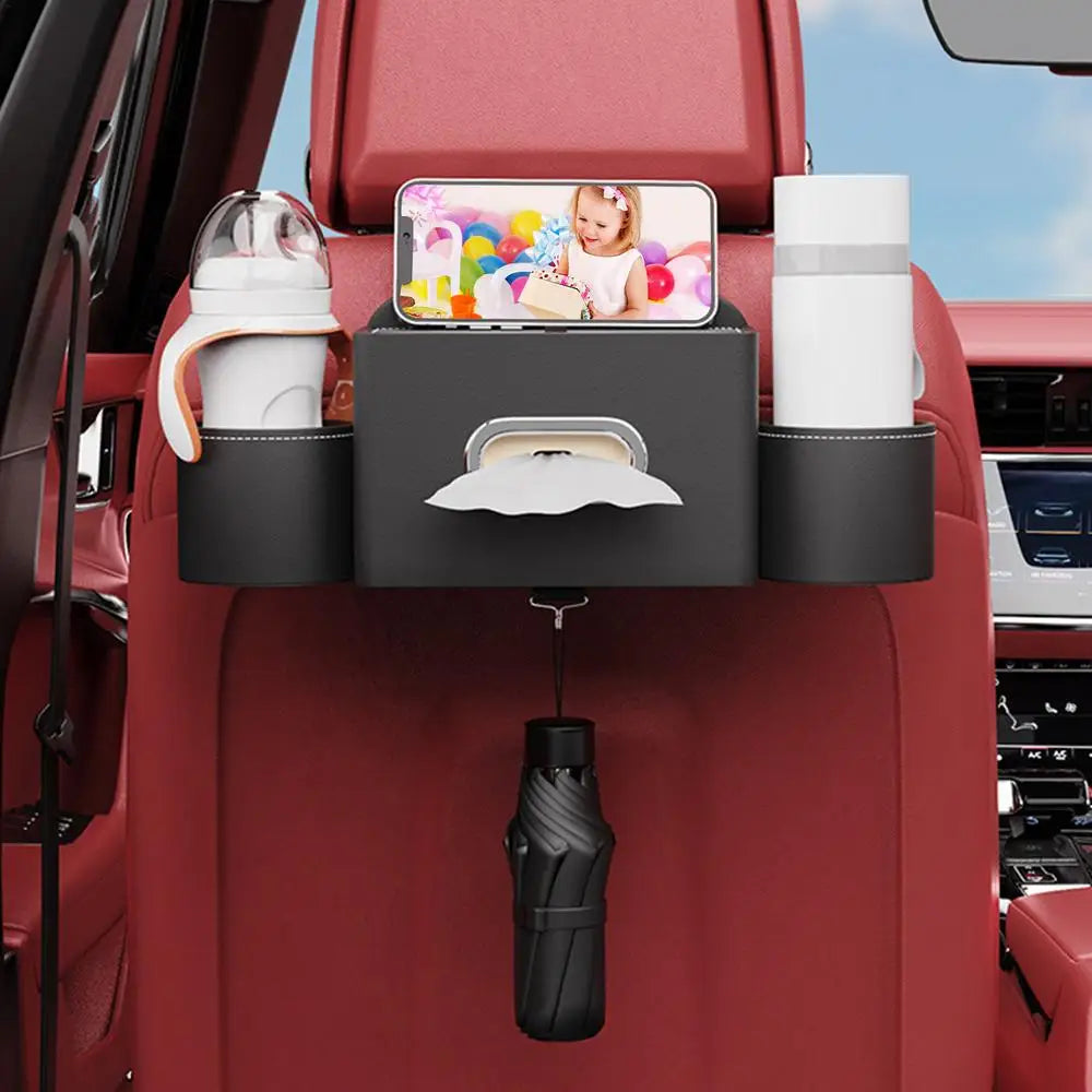 Car Seat Back Tissue Box with 2 Cup Holders and Auto Headrest Hook - 3-in-1 Car Backseat Storage Box Organizer - Delicate Leather