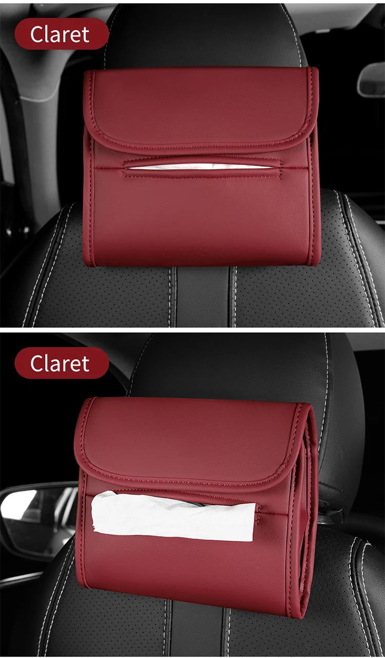 Leather Car Tissue Box Cover for Sun Visor, Seat Back, and Armrest - Suede Texture Tissue Holder for Car Interior - Multi-Position Installation Tissue Storage Case - Available in Red, Brown, and Black - Delicate Leather