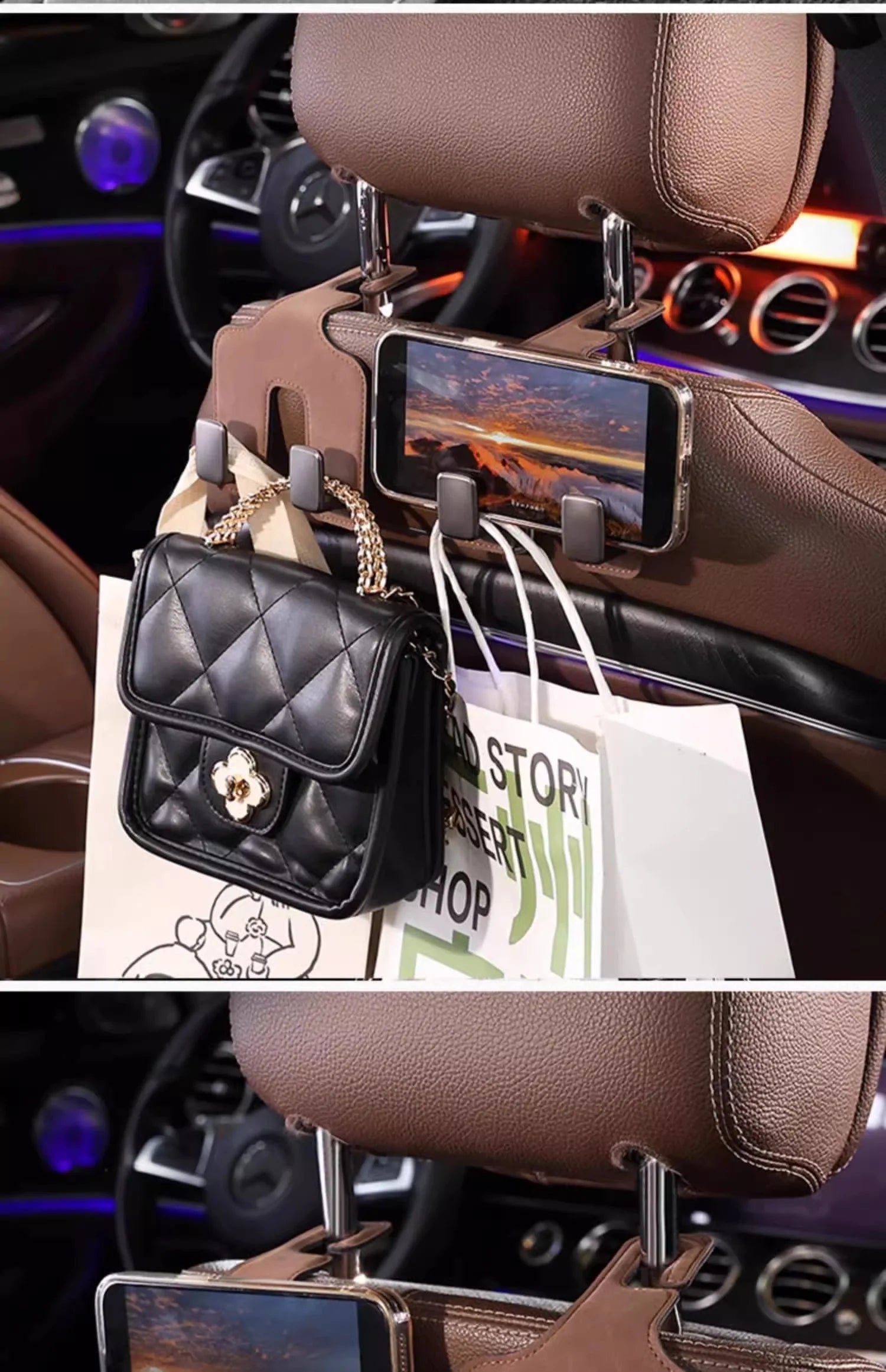 Car Seat Back Hook with Hidden Double Hooks - Upgraded Rear Interior Bag Storage and Small Item Collection - Delicate Leather