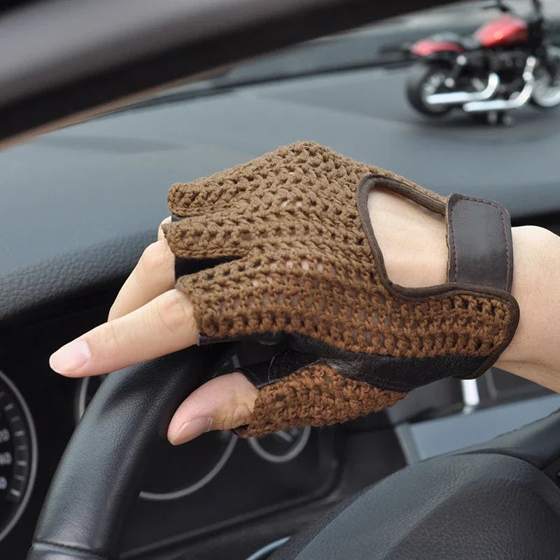 Mesh Half Finger Leather Gloves - Motorcycle Riding, Handguard, Non-slip, Breathable Driving Gloves Accessories - Delicate Leather