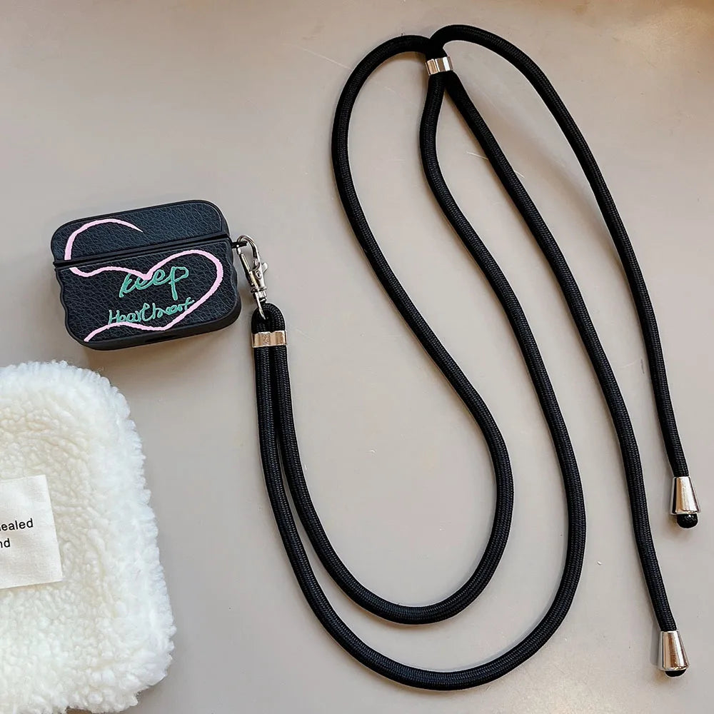 Simple Heart English Corter Leather Case For AirPods Pro 2, AirPods 3, 1 Wireless Earphone Cover with Crossbody Lanyard Rope