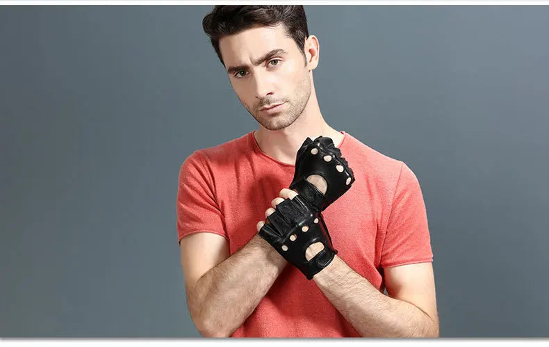 Leather Half Finger Gloves - Men's Fitness, Thin Sports, Non-slip Driving, Motorcycle, Bike, Goatskin Gloves - Delicate Leather