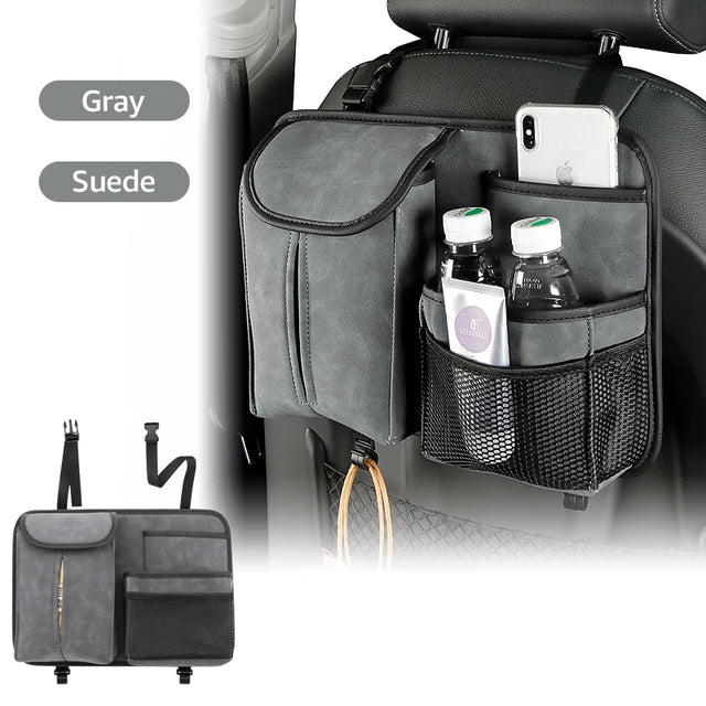 Car Seat Storage Bag - Multi Hanging Pocket Trunk Bag with Hook - Delicate Leather