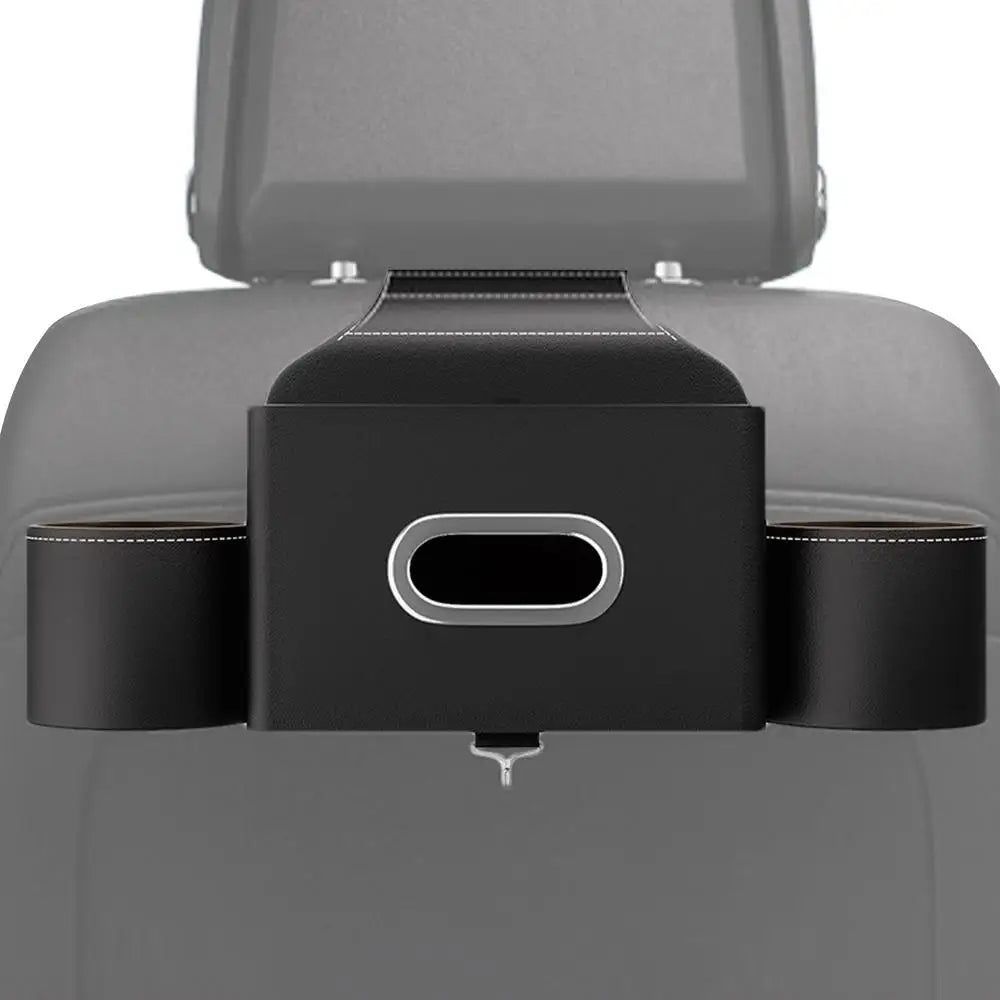 Car Seat Back Tissue Box with 2 Cup Holders and Auto Headrest Hook - 3-in-1 Car Backseat Storage Box Organizer - Delicate Leather