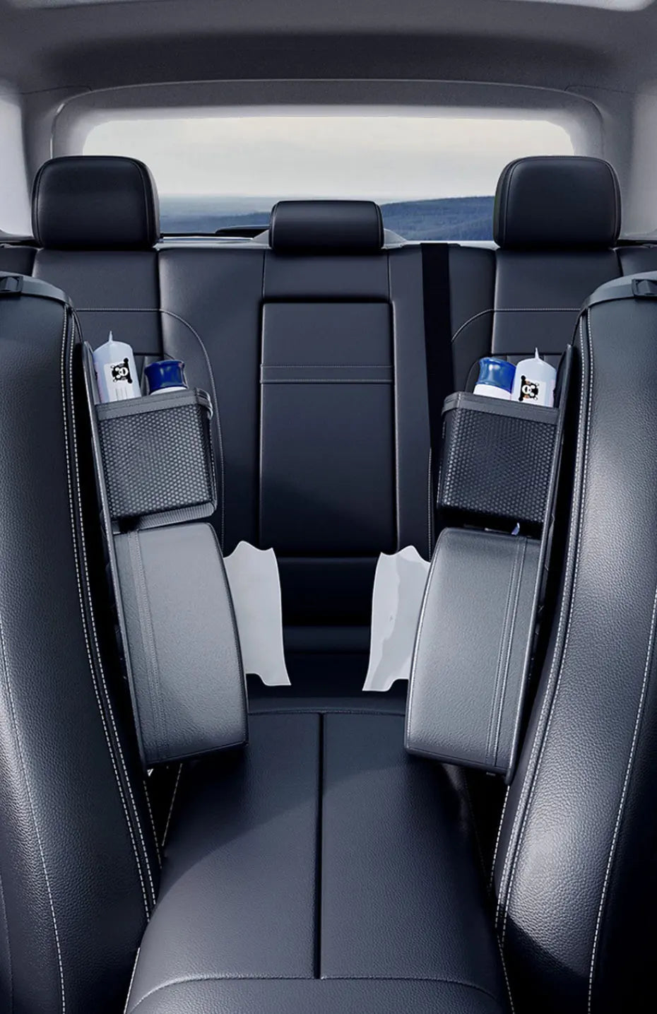 Leather Car Seat Side Storage Bag - Multifunctional Zipper Storage Bag with Mesh Pocket and Tissue Case for Car Accessories - 1 PCS - Delicate Leather