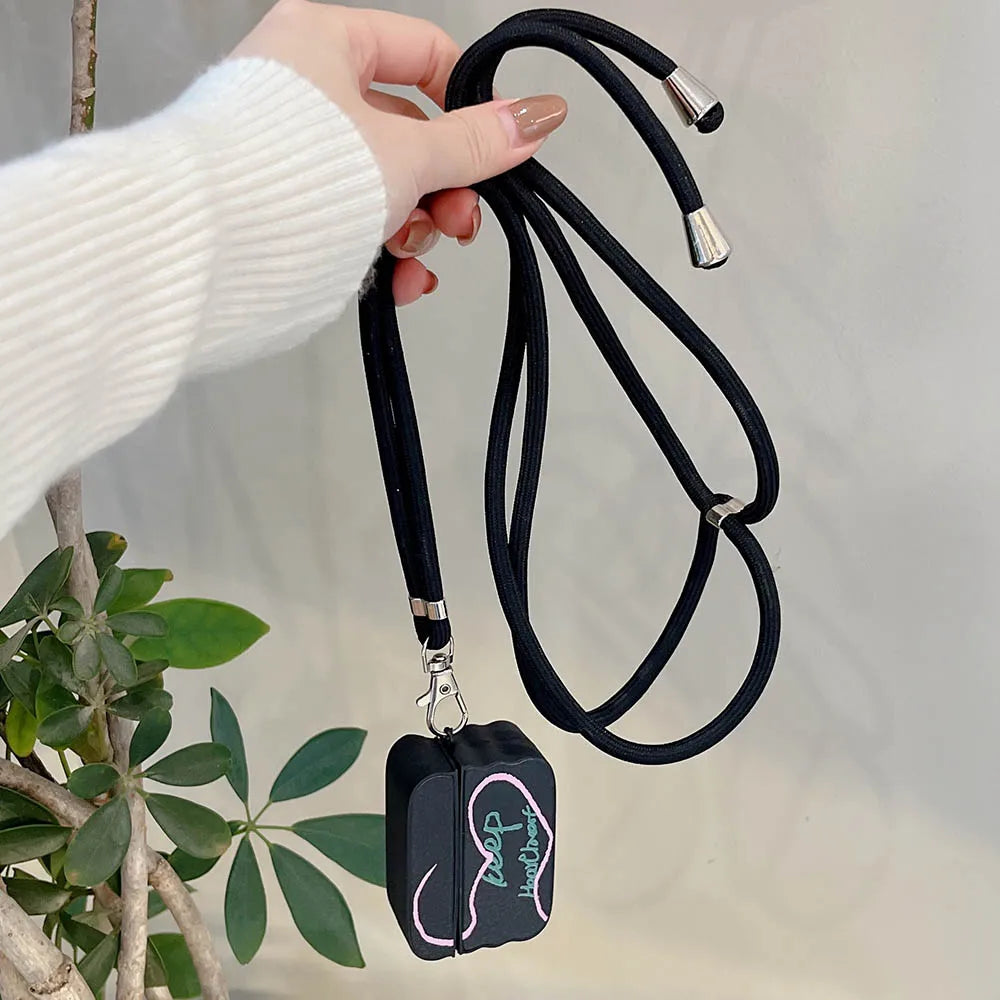 Simple Heart English Corter Leather Case For AirPods Pro 2, AirPods 3, 1 Wireless Earphone Cover with Crossbody Lanyard Rope