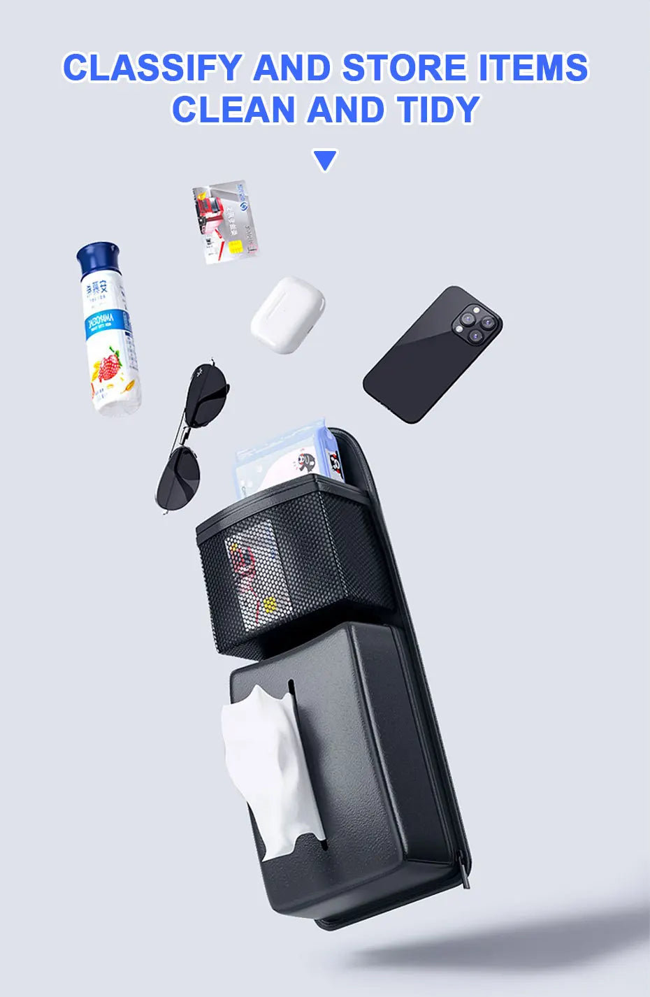 Leather Car Seat Side Storage Bag - Multifunctional Zipper Storage Bag with Mesh Pocket and Tissue Case for Car Accessories - 1 PCS - Delicate Leather