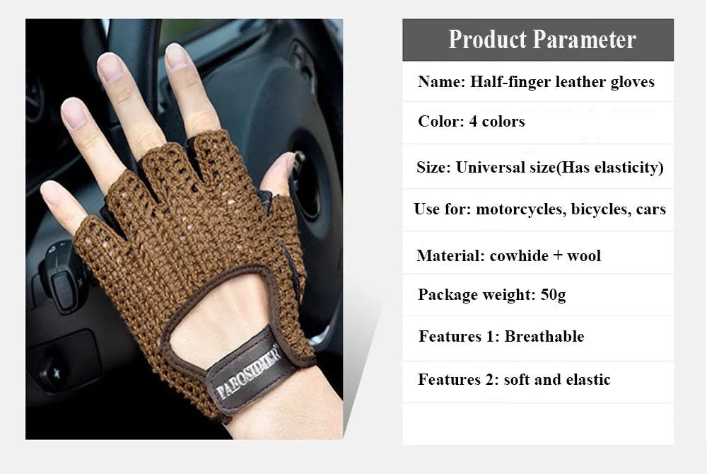Leather Mesh Fingerless Gloves - Motocross, Fishnet, Car Driving, Tactical, Motorcycle Accessories, Work, Cycling Men's Gloves - Delicate Leather
