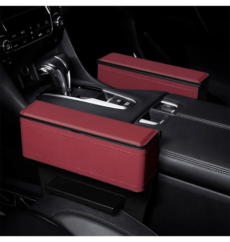 Car Seat Gap Filler Organizer, Custom For All Cars, PU Leather Storage Box - Car Side Gap Seat Organizer and Front Slot Gap Filler with USB Charging Port - Delicate Leather
