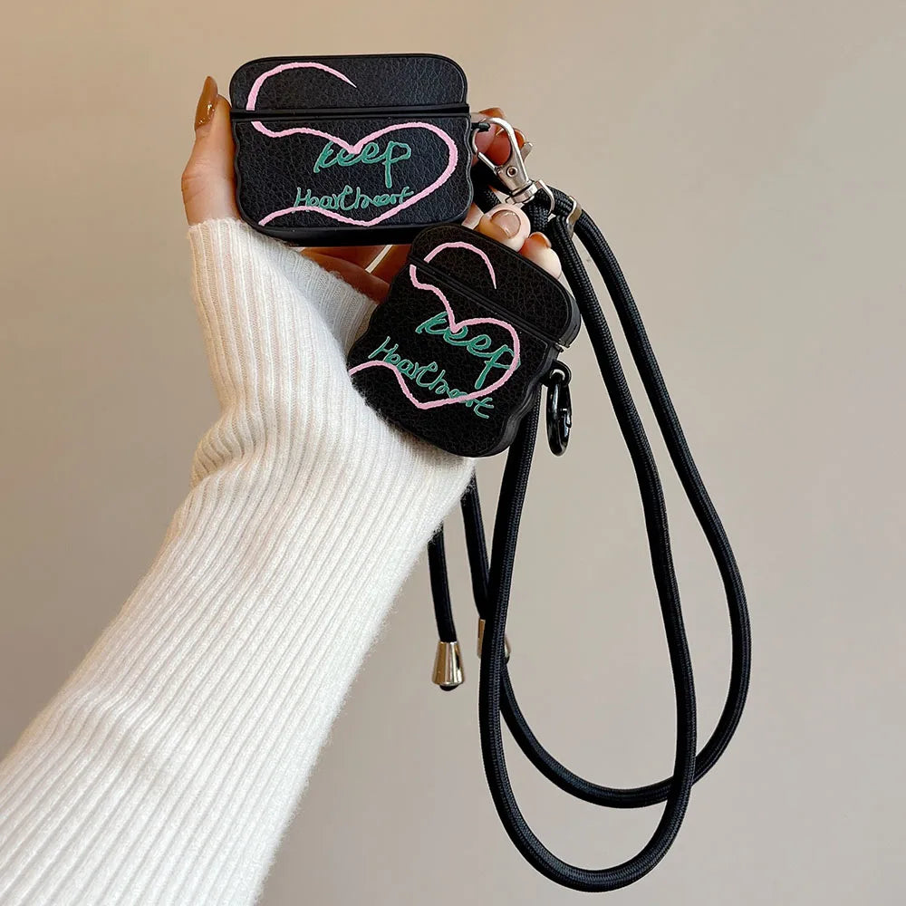 Simple Heart English Corter Leather Case For AirPods Pro 2, AirPods 3, 1 Wireless Earphone Cover with Crossbody Lanyard Rope