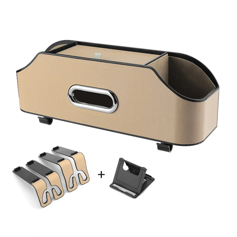 Multifunctional Car Seat Back Organizer with Insulated Cup Holders, Tissue Box, Cell Phone Holders, and Storage Compartments for Clutter-Free Travel - Delicate Leather