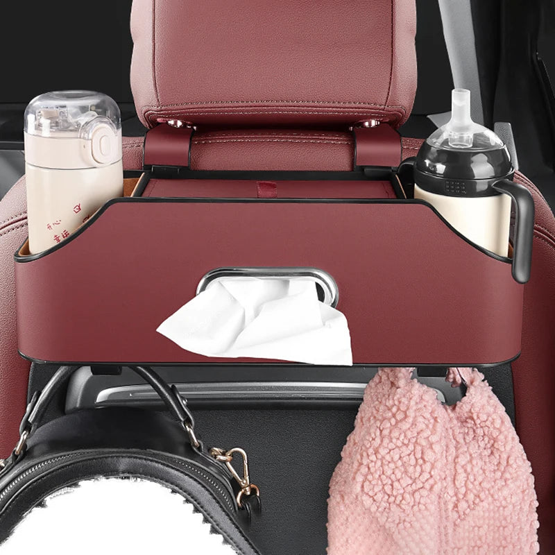 Multifunctional Car Seat Back Organizer with Insulated Cup Holders, Tissue Box, Cell Phone Holders, and Storage Compartments for Clutter-Free Travel - Delicate Leather