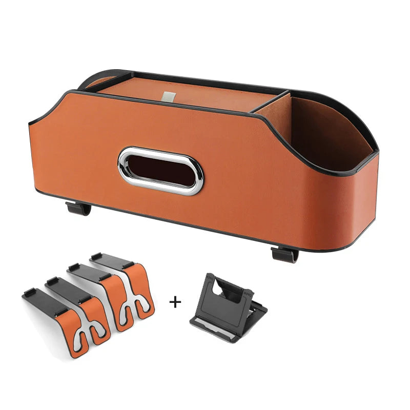 Multifunctional Car Seat Back Organizer with Insulated Cup Holders, Tissue Box, Cell Phone Holders, and Storage Compartments for Clutter-Free Travel - Delicate Leather