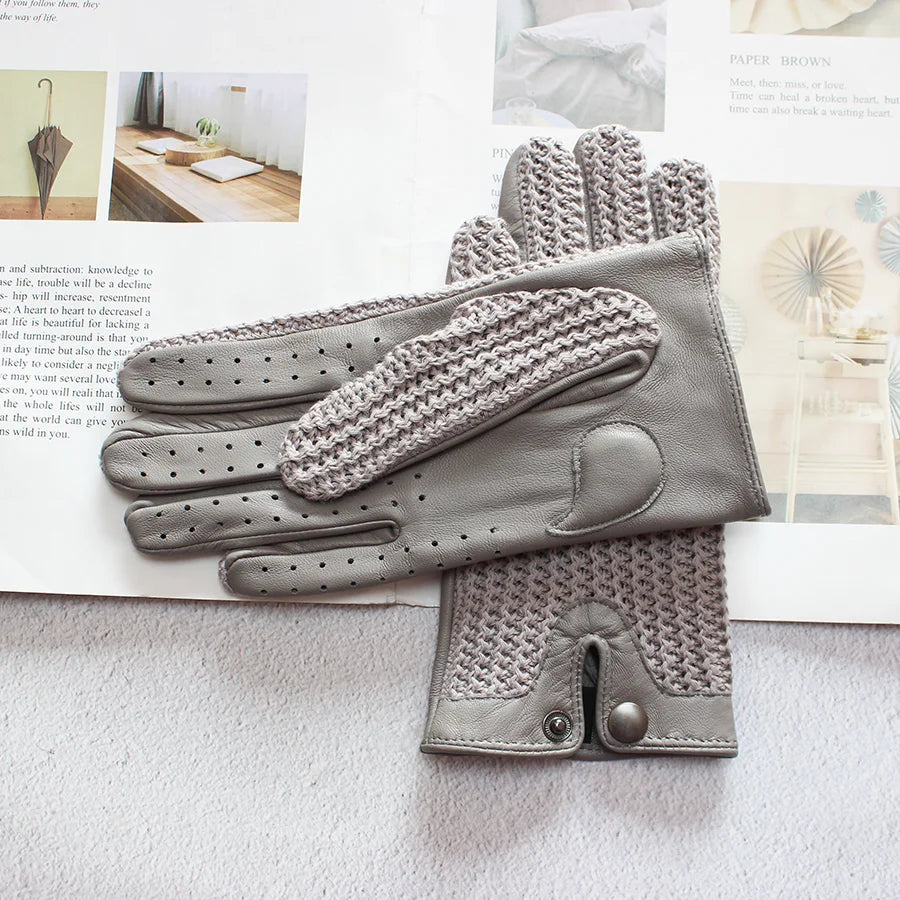 Women's Sheepskin Leather Gloves - Touch Screen, Thin, Unlined, Knitted Design for Spring and Autumn