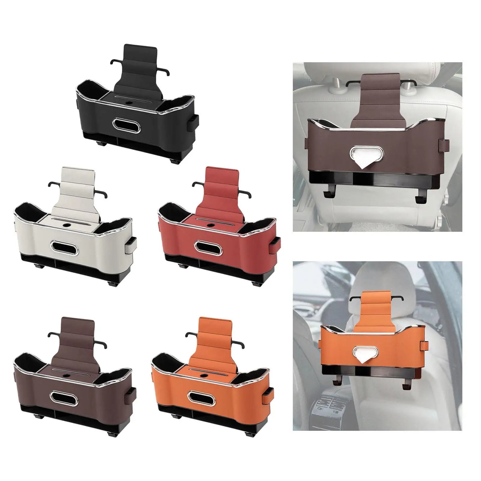 Premium PU Leather Car Headrest Backseat Organizer with Drink Cup Holder and Storage Box - 1 PCS - Delicate Leather