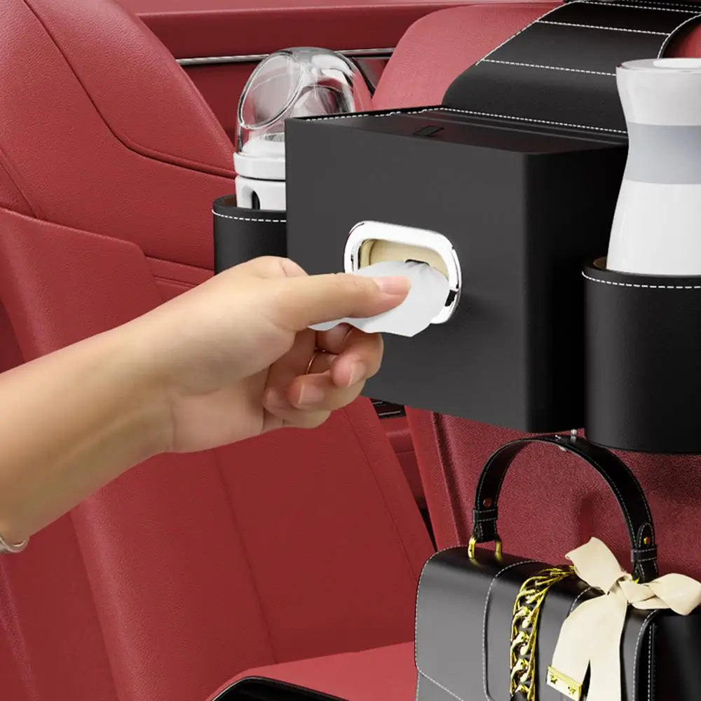 Car Seat Back Tissue Box with 2 Cup Holders and Auto Headrest Hook - 3-in-1 Car Backseat Storage Box Organizer - Delicate Leather