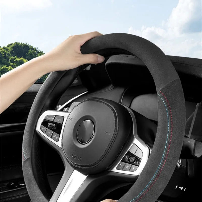 Car Steering Wheel Cover - Cowhide Suede Steering Wheel Wrap - Universal 37-38cm Breathable Steering Cover