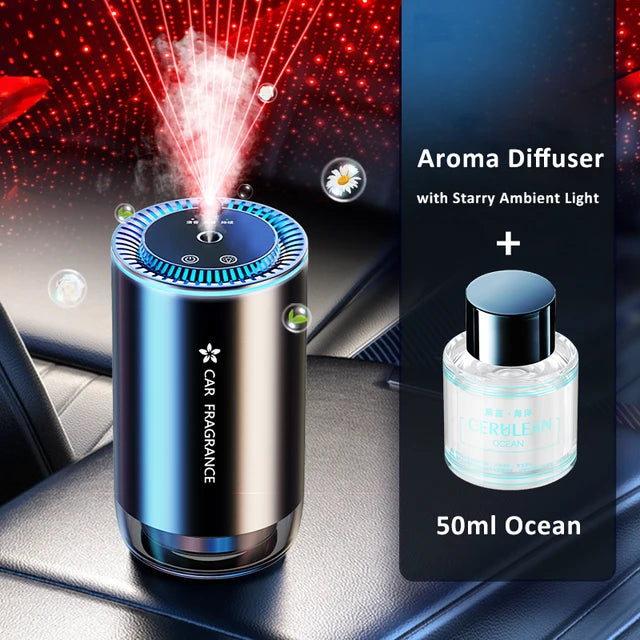 Car Aroma Diffuser with LED Starry Ambient Light - 50ml Cologne Perfume Air Freshener - Delicate Leather