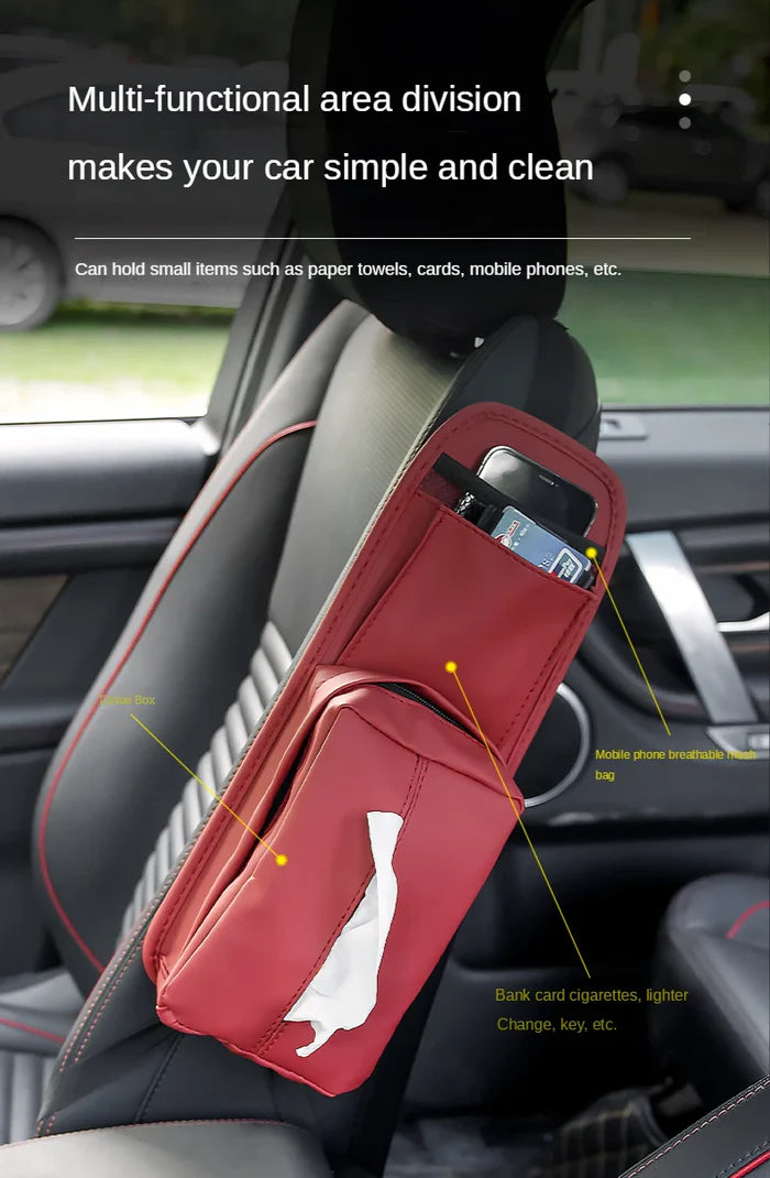 Leather Car Seat Side Storage Bag - Universal Hanging Auto Seat Organizer with Tissue Box Holder and Mesh Pocket