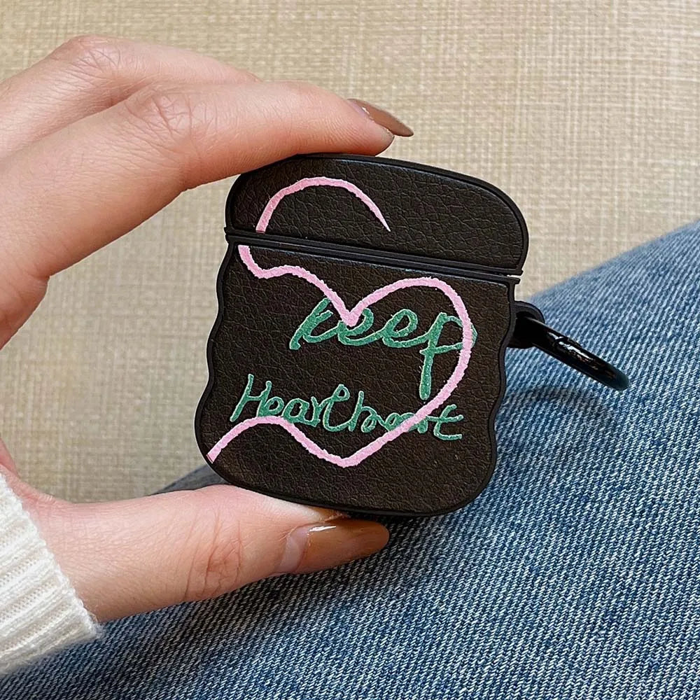 Simple Heart English Corter Leather Case For AirPods Pro 2, AirPods 3, 1 Wireless Earphone Cover with Crossbody Lanyard Rope