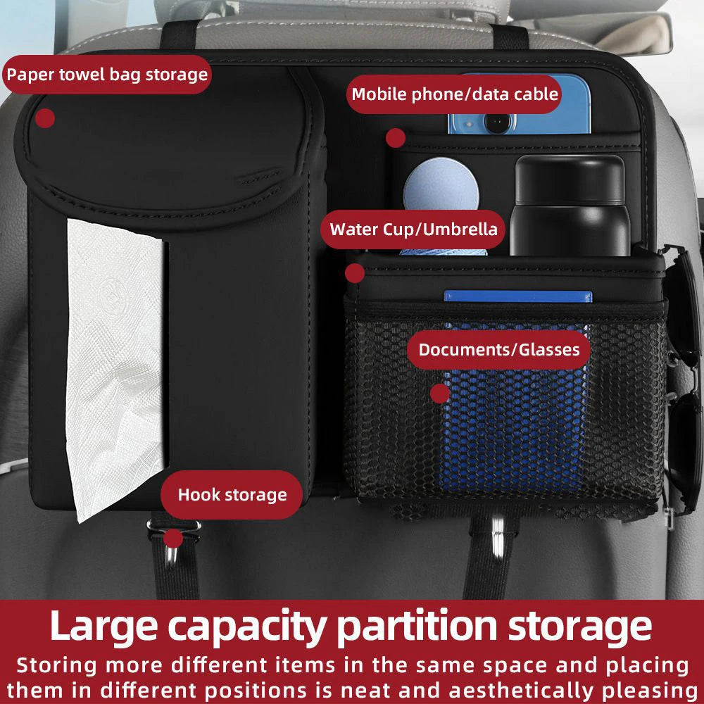 Car Seat Storage Bag - Multi Hanging Pocket Trunk Bag with Hook - Delicate Leather