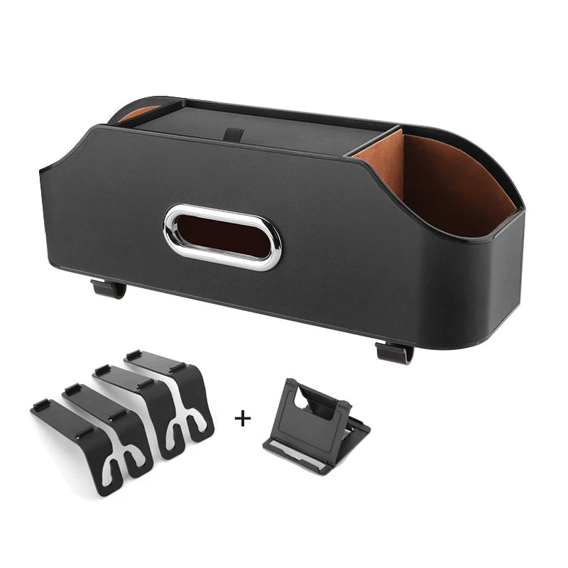 Multifunctional Car Seat Back Organizer with Insulated Cup Holders, Tissue Box, Cell Phone Holders, and Storage Compartments for Clutter-Free Travel - Delicate Leather