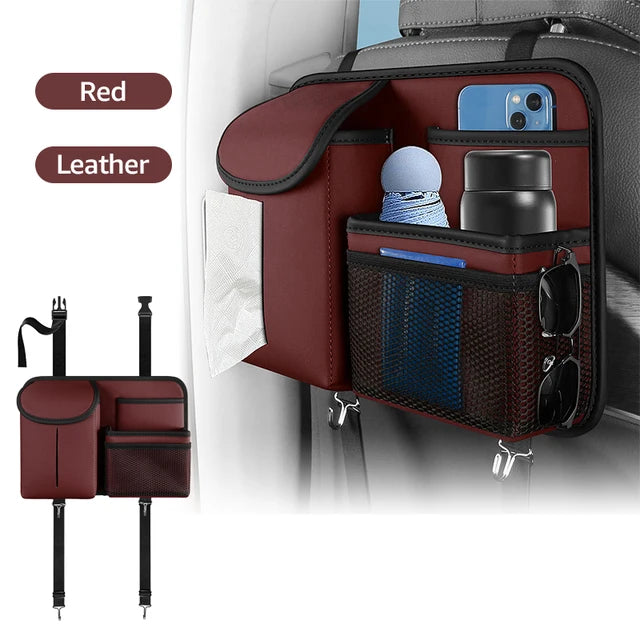 Car Seat Storage Bag - Multi Hanging Pocket Trunk Bag with Hook - Delicate Leather