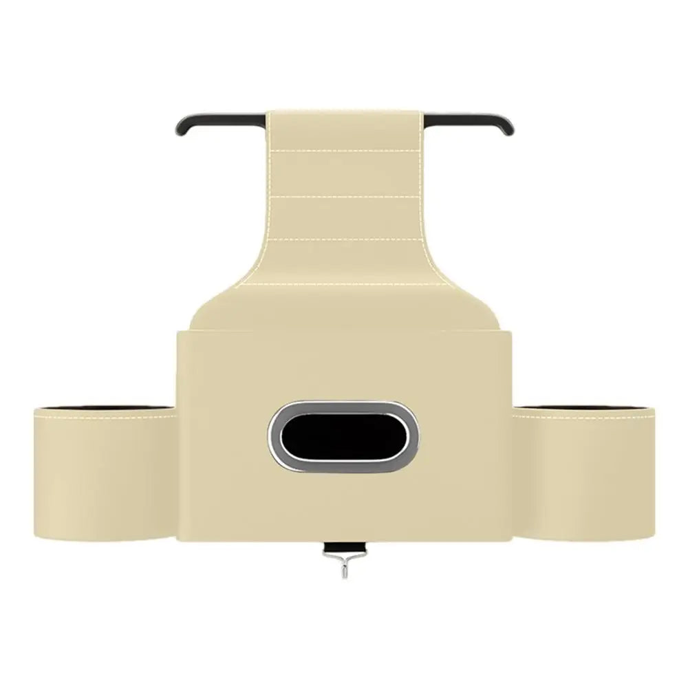 Car Seat Back Tissue Box with 2 Cup Holders and Auto Headrest Hook - 3-in-1 Car Backseat Storage Box Organizer - Delicate Leather