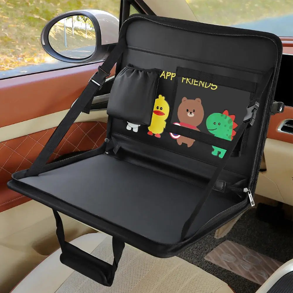 Folding Car Steering Wheel Tray - Multifunctional Seat Back Table and Hanging Storage Bag Organizer for Car Interior - Delicate Leather