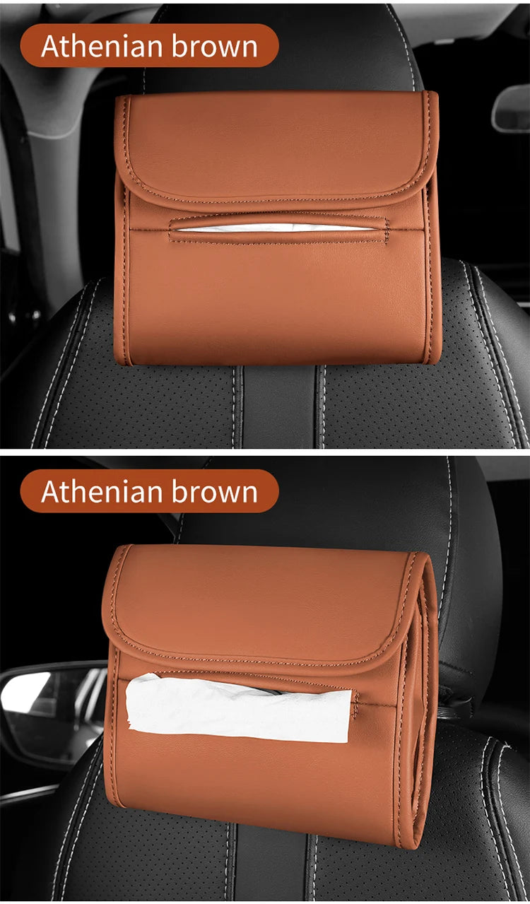 Leather Car Tissue Box Cover for Sun Visor, Seat Back, and Armrest - Suede Texture Tissue Holder for Car Interior - Multi-Position Installation Tissue Storage Case - Available in Red, Brown, and Black - Delicate Leather