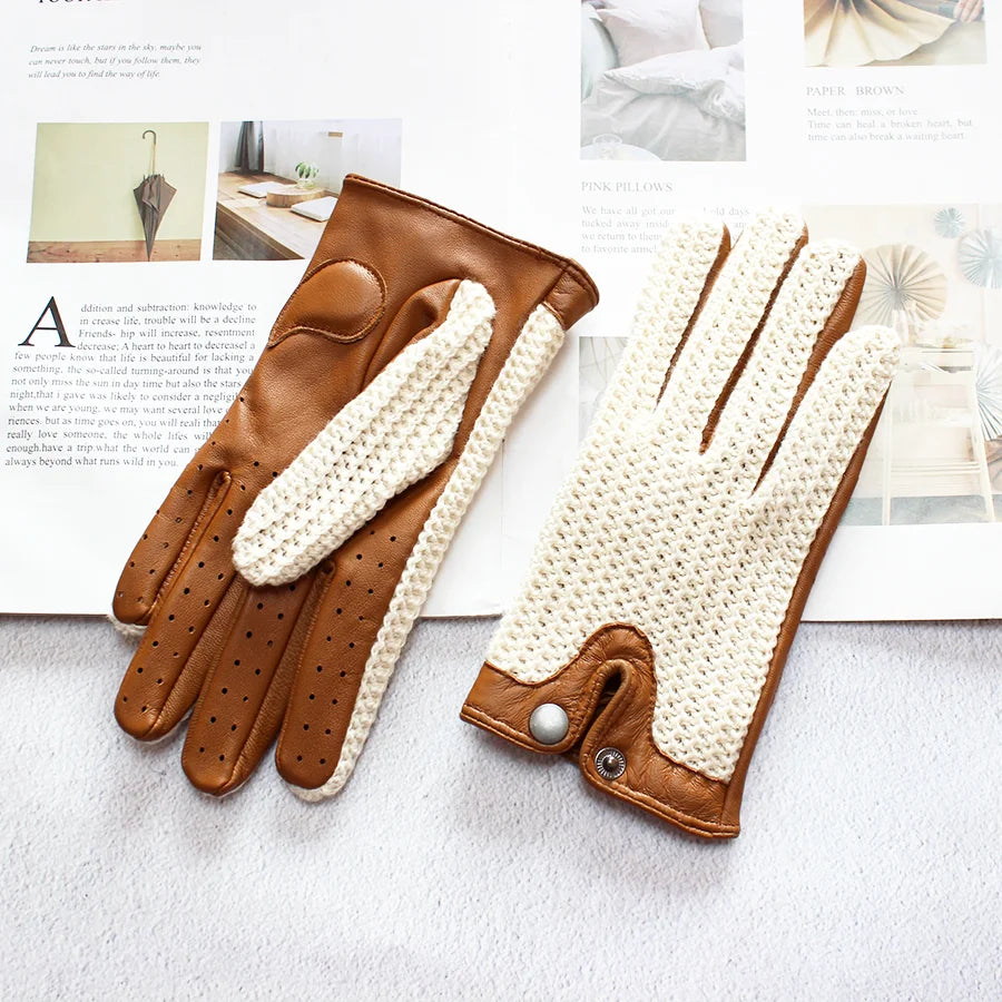 Women's Sheepskin Leather Gloves - Touch Screen, Thin, Unlined, Knitted Design for Spring and Autumn