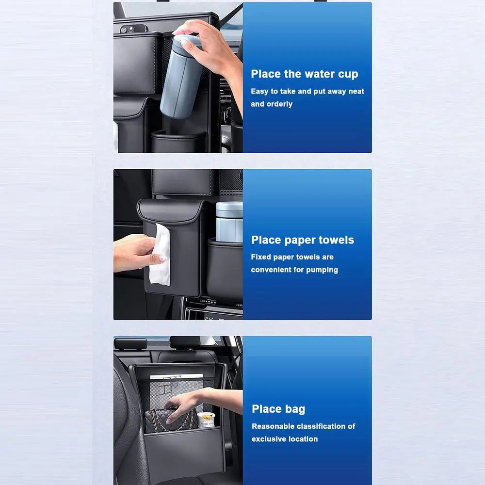 Car Front Seats Between Storage Bag - Auto Seat Back Handbag Holder and Tissue Box with Multiple Pockets - Delicate Leather