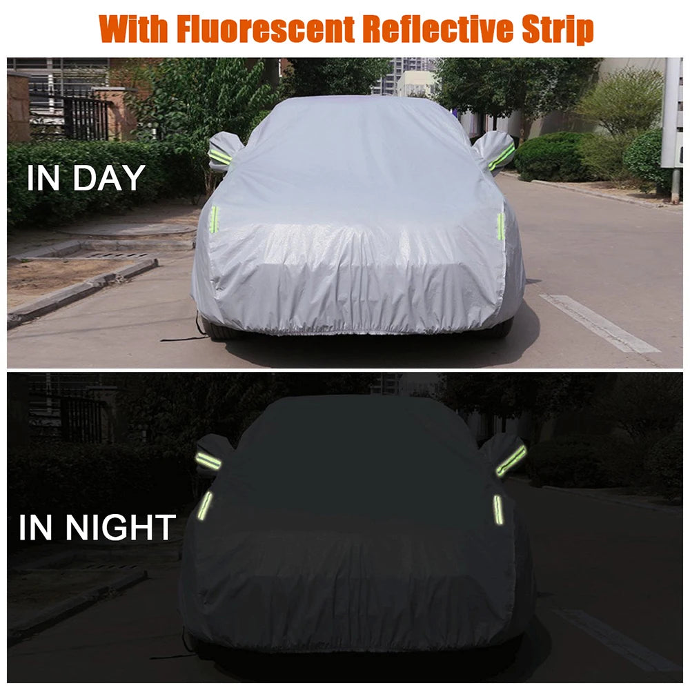 Car Cover Full Covers with Reflective Strip - Dustproof, UV & Scratch-Resistant Sunscreen Protection for 4X4/SUV Business Car - Delicate Leather