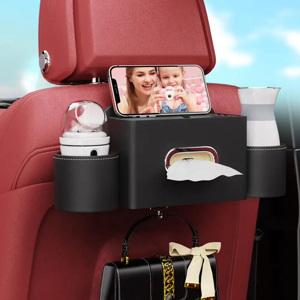 Car Seat Back Tissue Box with 2 Cup Holders and Auto Headrest Hook - 3-in-1 Car Backseat Storage Box Organizer - Delicate Leather