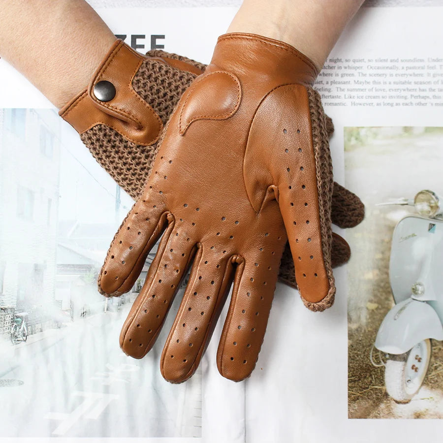 Women's Sheepskin Leather Gloves - Touch Screen, Thin, Unlined, Knitted Design for Spring and Autumn