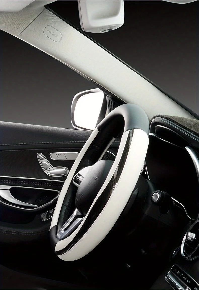 1pc Car Steering Wheel Cover - Breathable Anti-Slip Black and White Carbon Fiber PU Leather Steering Cover