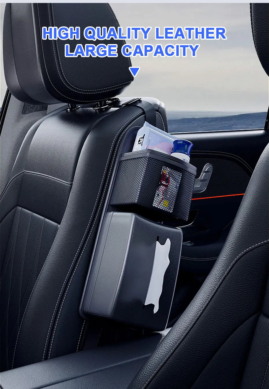 Leather Car Seat Side Storage Bag - Multifunctional Zipper Storage Bag with Mesh Pocket and Tissue Case for Car Accessories - 1 PCS - Delicate Leather