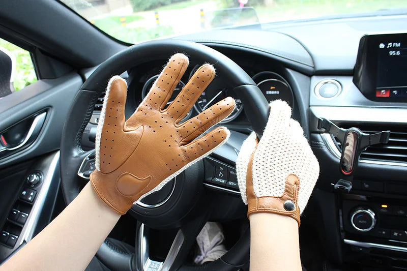 Women's Sheepskin Leather Gloves - Touch Screen, Thin, Unlined, Knitted Design for Spring and Autumn
