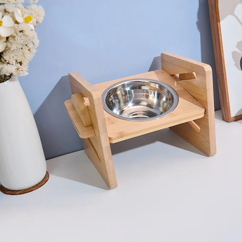 Elevated Stainless Dog Bowls with Bamboo Stand Tilted Adjustable Raised Puppy Cat Food Water Bowls Holder Pet Feeder Accessories - Delicate Leather
