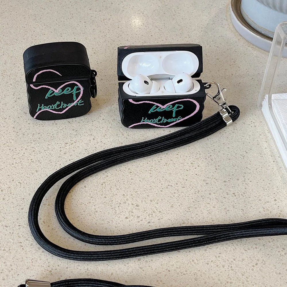 Simple Heart English Corter Leather Case For AirPods Pro 2, AirPods 3, 1 Wireless Earphone Cover with Crossbody Lanyard Rope