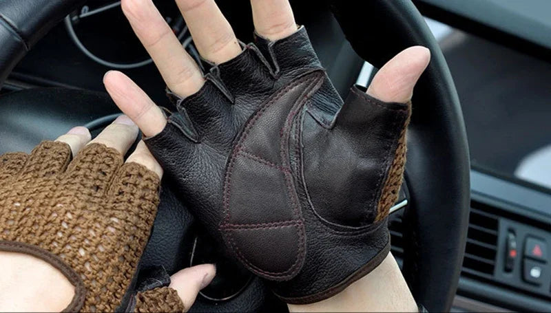 Mesh Half Finger Leather Gloves - Motorcycle Riding, Handguard, Non-slip, Breathable Driving Gloves Accessories - Delicate Leather