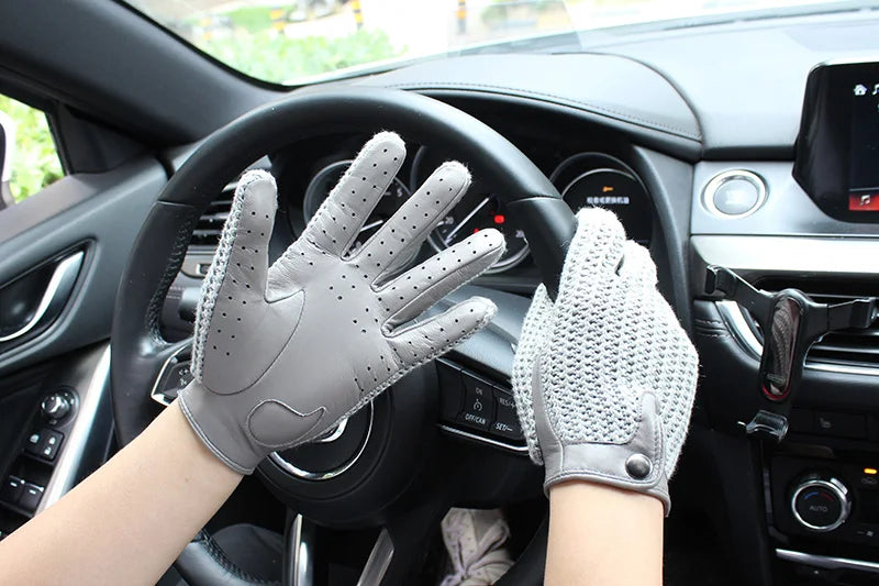 Women's Sheepskin Leather Gloves - Touch Screen, Thin, Unlined, Knitted Design for Spring and Autumn