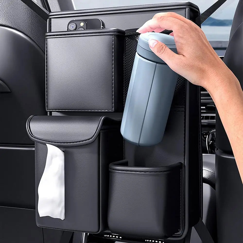 Car Front Seats Between Storage Bag - Auto Seat Back Handbag Holder and Tissue Box with Multiple Pockets - Delicate Leather