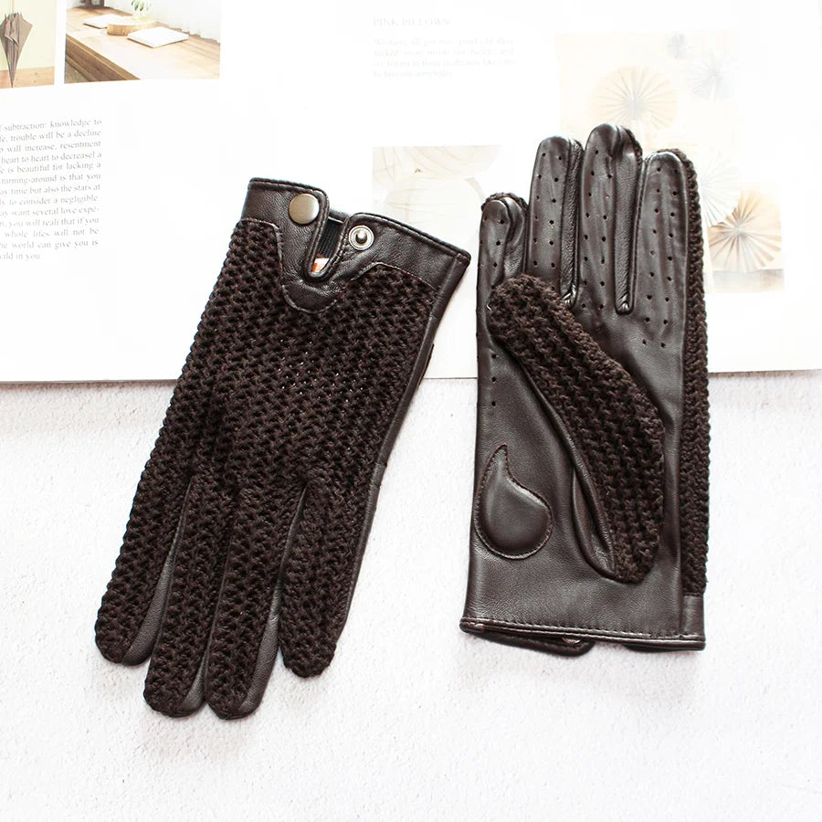 Women's Sheepskin Leather Gloves - Touch Screen, Thin, Unlined, Knitted Design for Spring and Autumn