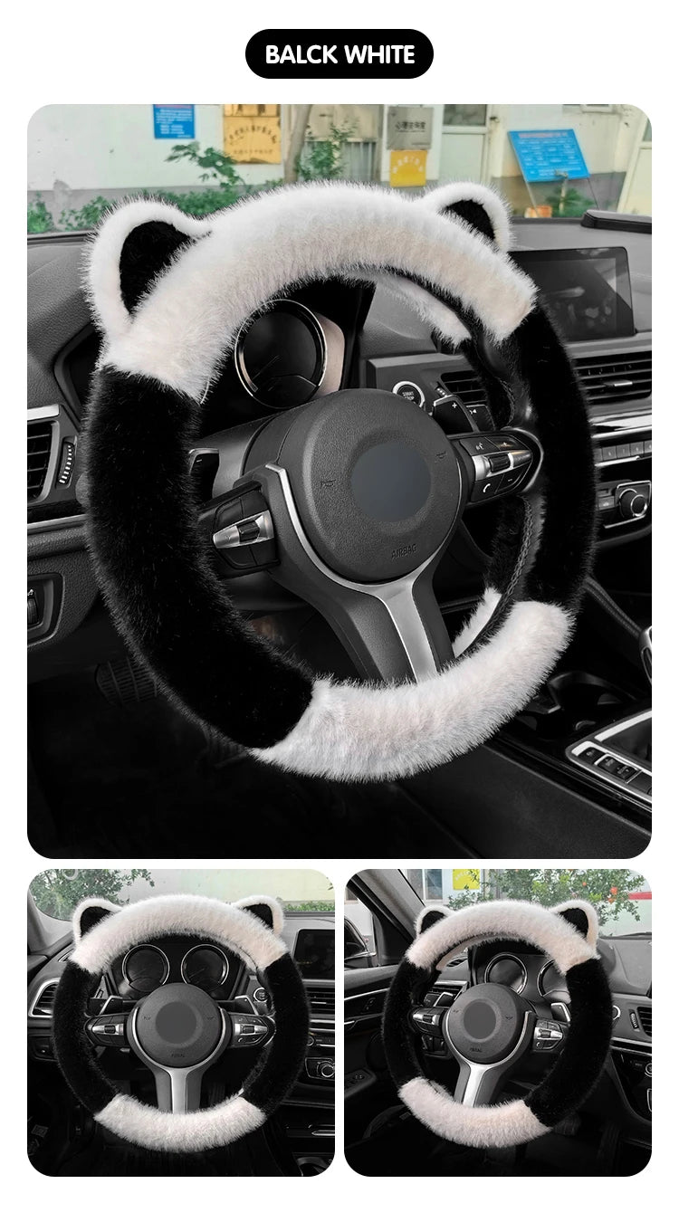 Winter Plush Soft Short Hair Car Steering Wheel Cover - High Density Cute Decoration Steering Wheel Anti Slip Protection Cover - Delicate Leather